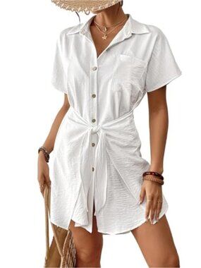 Women's Swim Coverup Dress Short Sleeve Button Down Tie Waist Beach